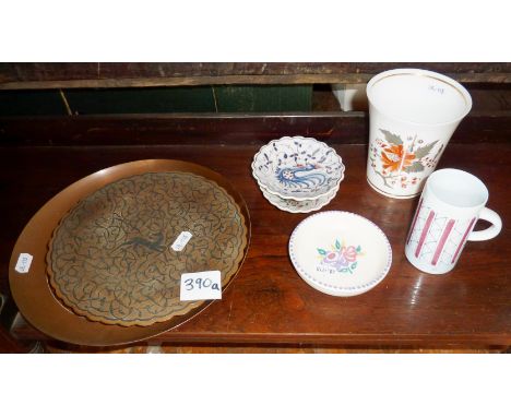 Silver inlaid Cairo ware dish, Royal Worcester Lynbrook vase, Poole and Rye pottery pieces etc