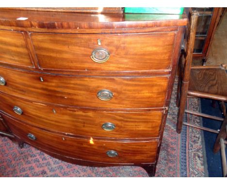 Georgian mahogany bowfronted chest on splayed bracket feet, 17.5" deep x 39.5" high