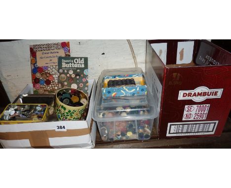 Good collection of old and vintage buttons, related books, sewing accessories, tins etc (3 boxes)