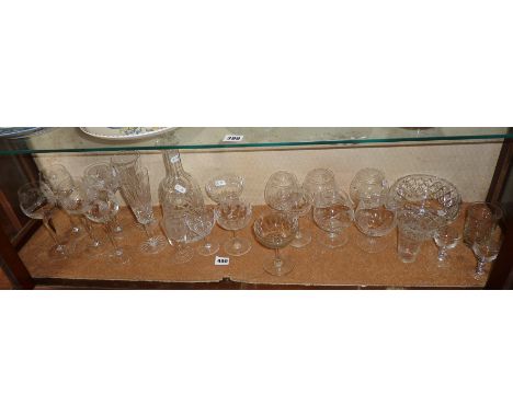 Shelf of good quality vintage glassware, champagne coupes, decanter, engraved wine glasses etc