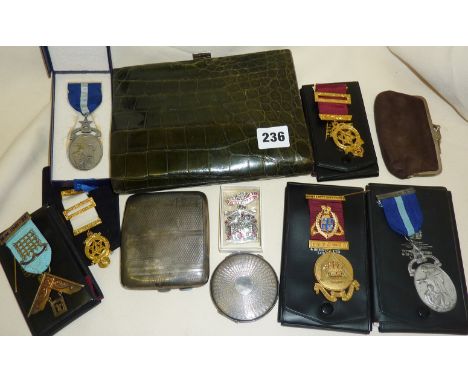 Assorted Masonic jewels or medals in cases, Art Deco crocodile handbag, hallmarked silver powder compact and cigarette case
