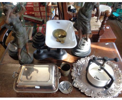 Silver plated entree dish, a salver, kitchen scales, two Art Nouveau spelter figures (A/F) and a tongue press