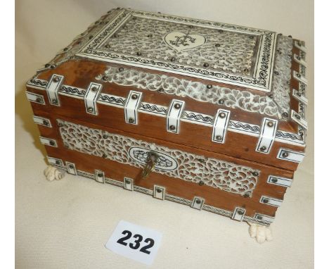 Anglo-Indian Vizagapatam tea caddy, c. 19th c., with ornately pierced ivory inlay over padouk wood