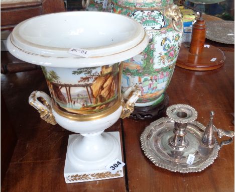 Sheffield plate chamber stick and a 19th century Continental porcelain two handled urn