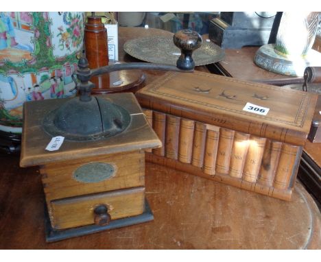 Olivewood box in the form of books with a secret opening mechanism and an old French wood and metal coffee grinder
