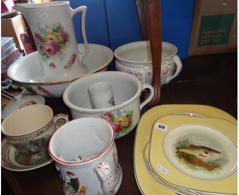 China fish serving plates, a floral china jug and basin set, two chamber pots and a Staffordshire "Frog" cider mug