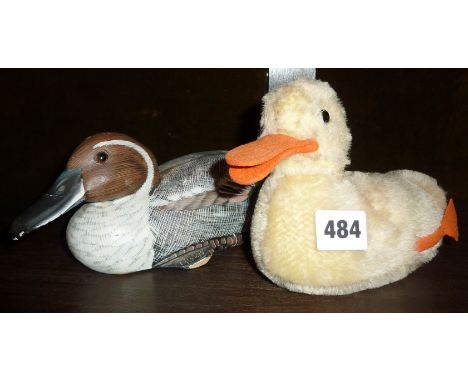 Vintage Steiff Toy Duck and another, painted wooden decoy style (A/F)