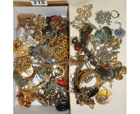 Box of vintage costume jewellery, gold tone brooches, etc.