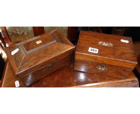 Rosewood tea caddy and jewellery box (with key) both inlaid with mother-of-pearl