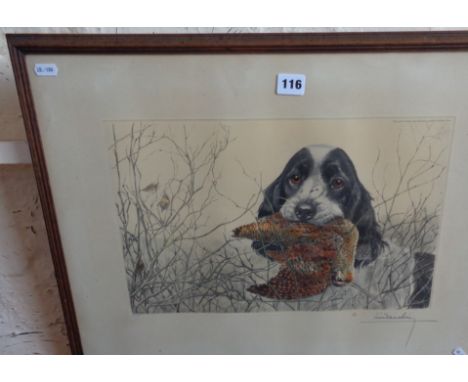 Colour print of a spaniel with grouse signed in pencil by Leon Danchin