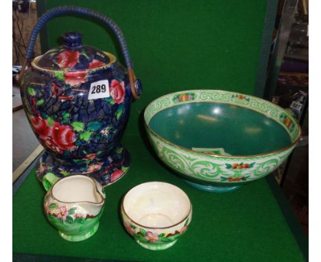 Maling china cream jug and basin, a similar fruit bowl (A/F) and a biscuit barrel on stand