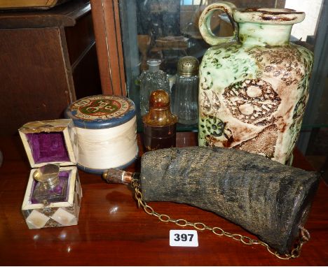 Large Victorian Coats Cotton Reel, two antique scent or medicine bottles in travel cases (one mother-of-pearl), horn powder f