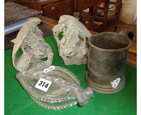 Pair Japanese soapstone carved bird bookends, a 19th century glass double necked Gimmel Flask and an 18th century pewter pint