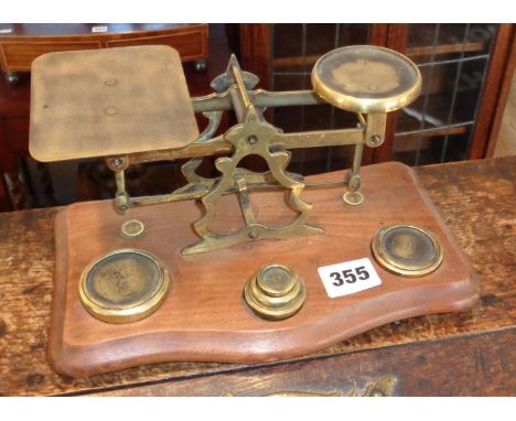 Victorian brass and mahogany letter scales with weights