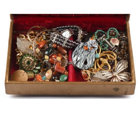 Vintage box of costume jewellery, containing 1920's black and white glass necklace, base metal Egyptian revival buckle and pe