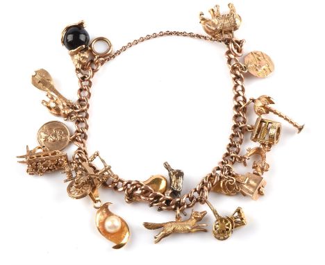 Charm bracelet, with 18 charms including a cat, elephant, scooter and wishing well, 15 cm in length with spring clip fastenin