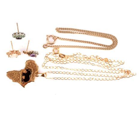 A selection of gold jewellery, including an Africa shaped pendant marked 8 ct, a curb link bracelet measuring approx. 21cm an