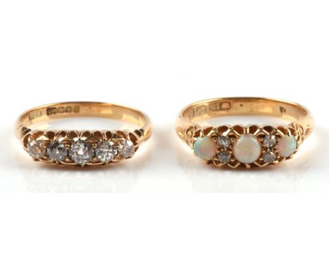 Victorian opal cabochon and old cut diamond ring in a pierced gallery setting, hallmarked 18 ct yellow gold 1896, with a diam