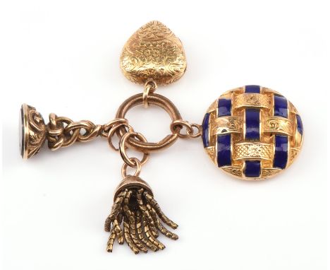 Four charms on a central clip ring, including a Fob seal with a banded onyx plaque tested 18 ct, enamel open locket, heart lo