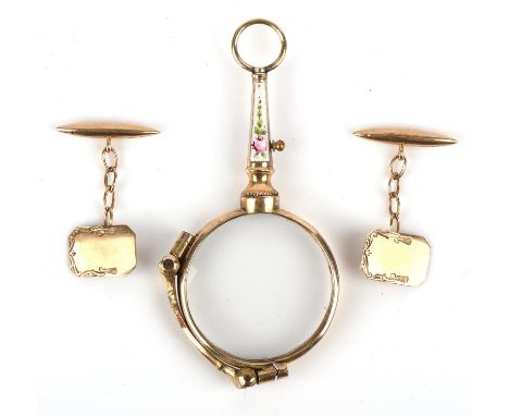 A pair of hallmarked 9 ct yellow gold cufflinks, and a pair of gilt metal and enamel decorated Pince-nez.Condition Report:  9