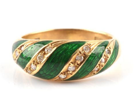 Green Enamel and diamond ring 18 ct ring size N Condition Report:  18 ct 5.2 gramsenamel in good condition. 
