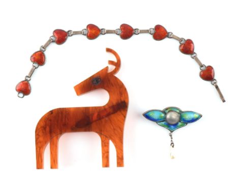 An acrylic Frida Kahlo's Deer Brooch by Iris De Le Torre, together with a red enamel heart bracelet in silver, and an Art Nou