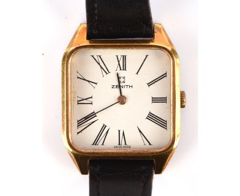 Zenith a Gentleman's gold plated wristwatch, the signed white enamel dial with black Roman numeral hour markers and steel han