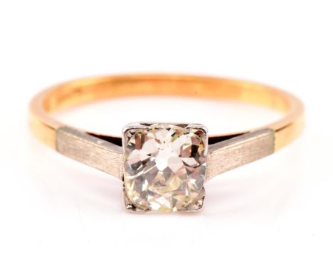 Round old cut diamond solitaire ring, estimated total diamond weight 0.63 carat, mounted in a square half bezel setting, stam