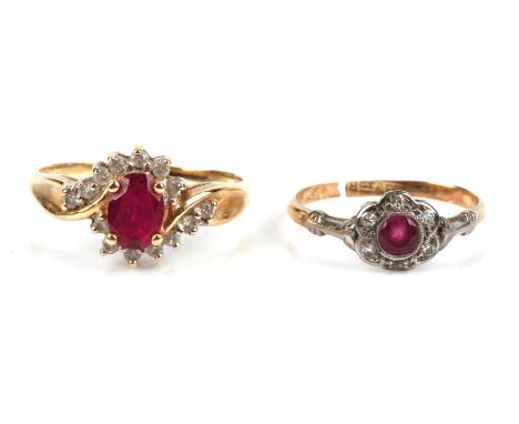 Ruby and diamond ring, with an oval cut ruby, surrounded by brilliant cut diamonds in a twist setting, stamped 18 ct gold, ri