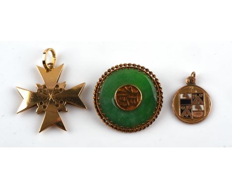 Maltese cross pendant, stamped 18 ct, with a jade brooch stamped 18 ct and an enamel crest pendant, in 9 ct hallmarked Birmin