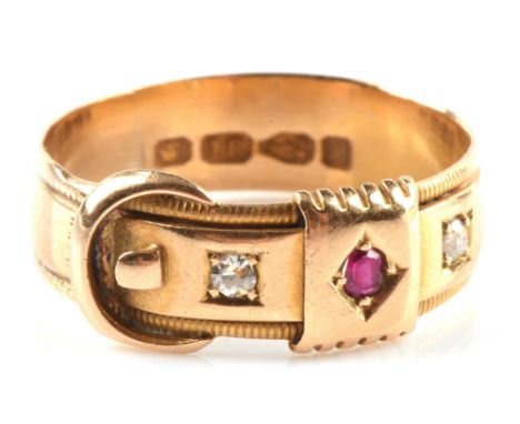 Victorian ruby and old cut diamond buckle ring, hallmarked 18 ct Chester 1885, ring size N 1/2Condition Report:  18 ct 3.5 gr