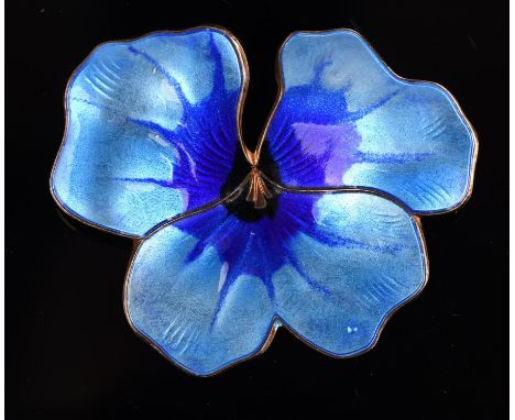 David Andersen blue enamel pansy brooch, reverse signed David - Andersen Norway 925S for sterling silver, with pin and roll c