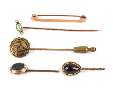 Opal cabochon and seed pearl stick pin measuring 60mm x 10mm, a hallmarked 9 ct bar brooch measuring 38mm x 3mm and three dam