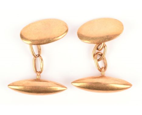 A pair of gold cufflinks, with torpedo terminations measures 24mm x 6mm and oval terminations measures 7mm x 19mm, in 18 ct y