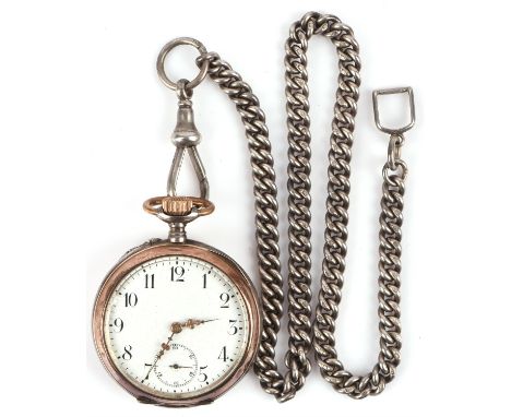 Silver open face pocket watch the white enamel dial with Arabic numeral hour markers and subsidiary seconds, gilt hands,  fit