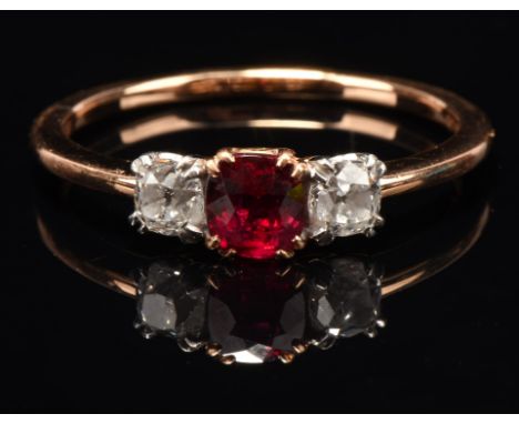 Burma ruby and diamond ring, cushion cut ruby accompanied by a GCS certificate stating 0.59 carat, Burma ruby with no indicat