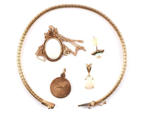 Various items, including two Opal cabochon pendants one set with a diamond and the other on a chain, a textured link bracelet
