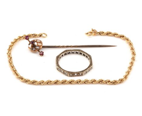 A group of gold items, including a matching rope chain necklace measuring 40cm, with spring clip clasp and bracelet measuring