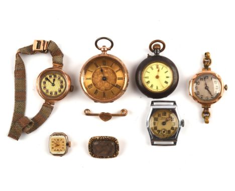 Gold open face pocket watch, with key wind movement the hinged case back marked for 9 ct and inner dust cover,  A ladies Timo
