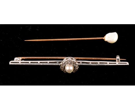 Diamond and pearl daisy cluster bar brooch, tested as platinum, in a Tiffany & Co box, measuring 55mm x 9mm with a pearl stic