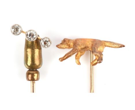 Two antique stick pins, one set with three diamonds, estimated total diamond 0.20 carats, in 15 ct, and the other in the form