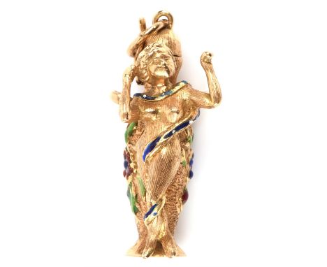 Gold scent bottle pendant, with enamel detail, in the form of a  floral urn and standing lady, measures 35 mm x 15 mm with a 