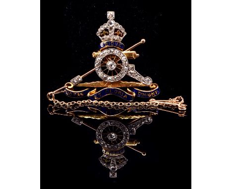 Royal Artillery Sweet heart brooch, set with old cut, rose cut and single cut diamonds, with blue and red enamel detailing, m