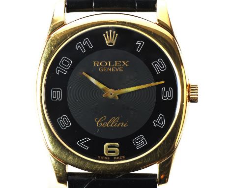 Rolex a Reference 4233 gold Cellini Danaos wristwatch, the signed black dial with Arabic numeral hour markers, and gold hands