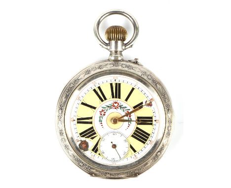 Steel cased open face pocket watch, the enamel dial with foliate reserve, black roman numeral hour markers, subsidiary second