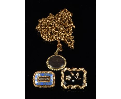 Gold plated long guard chain, with a swivel clasp suspending a circular mourning pendant, length 146cm, together with two mou