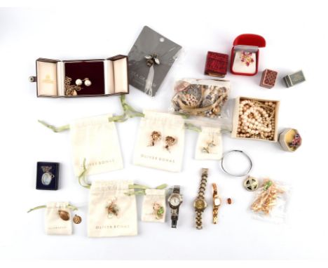 Large group of costume jewellery including a Swarovski crystal floral brooch and various other enamelled brooches a tigers ey