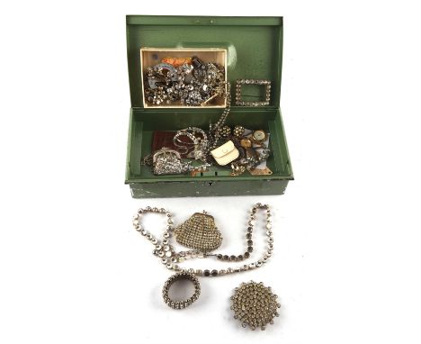 A selection of mainly Art Deco paste jewellery, including seven brooches, four pairs of earrings, three single earrings, a br