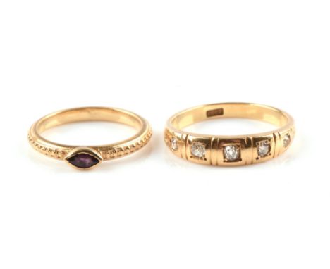 Old cut diamond five stone ring, mount stamped 18 ct, ring size p and a ruby ring with a marquise cut ruby on a beaded band, 