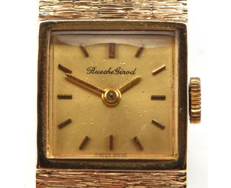 Bueche-Girod wristwatch square dial with baton hour markers, powered by a manual wind movement, in a 9 ct yellow gold case ha